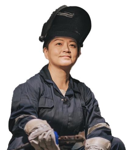 A woman with a welding mask